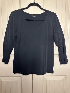 Eileen Fisher Petite Black 100% Silk 3/4 Sleeve Blouse Shirt Scoop Neck P Small
